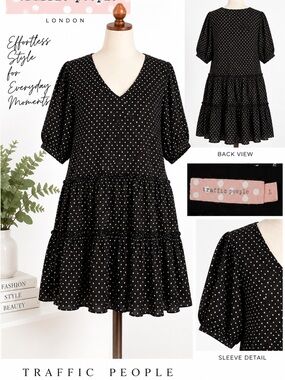 Traffic People London Black Star Print Tiered Dress Size Large